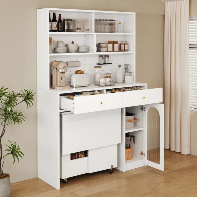 MIVRAY Keukenkast Set - Met Uitklapbare Eettafel En Opbergruimte - Voor Keuken En Eetkamer - MDF Wit - 120x45x180 Cm