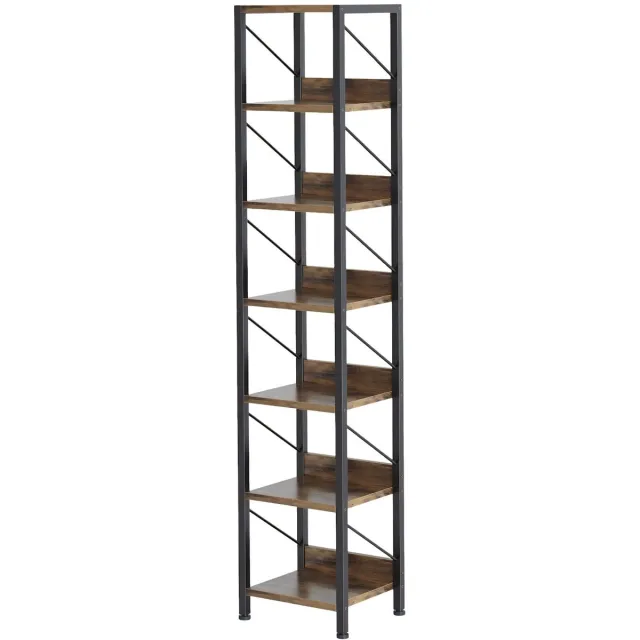 Happiq Boekenkast 7-Laags - Ruimtebesparend Smal design - voor woonkamer en kantoor - Retro Houtlook - Zwart