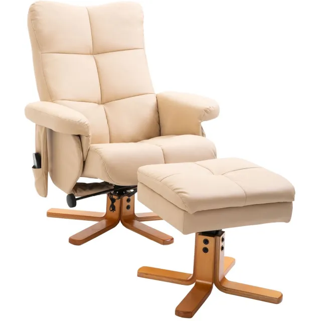 Merax Relaxfauteuil met Massagefunctie en Voetenbank – 145° Verstelbare Rugleuning – Draaibaar – Opbergruimte – Polyester Creme Wit – 80 x 86 x 99 cm