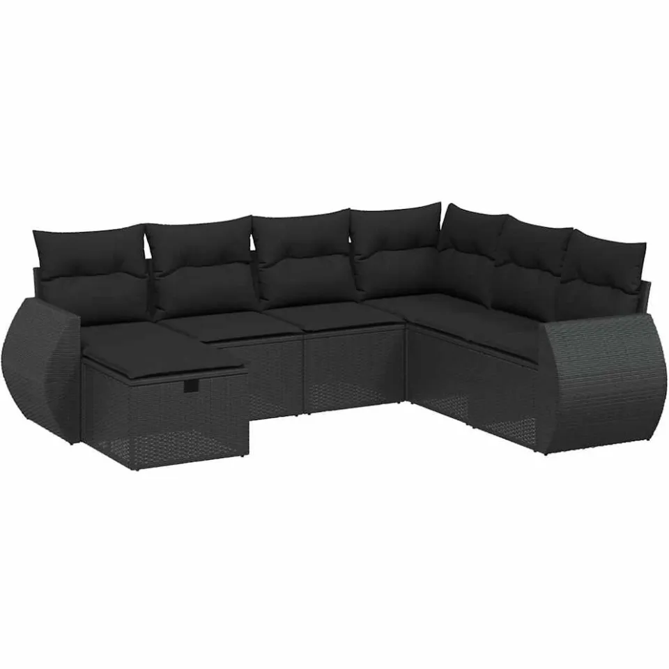 vidaXL 7-delige Loungeset met kussens poly rattan zwart, foto 3
