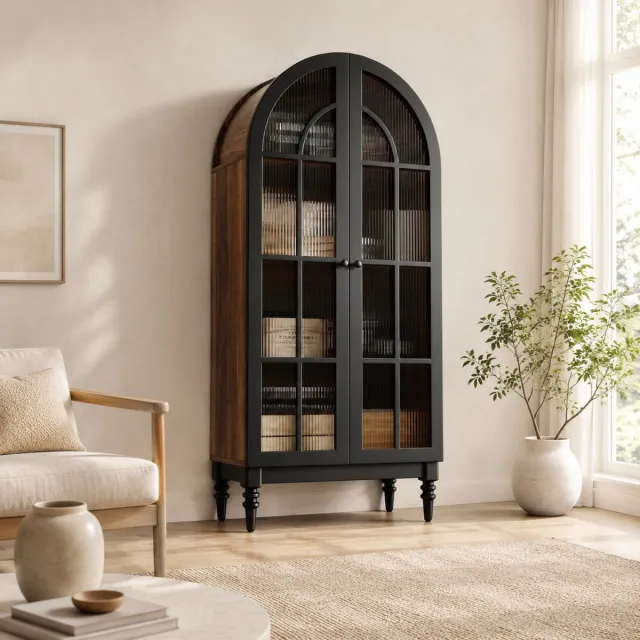 MEUNIQ Hoge vitrinekast 76 x 35,5 x 165 cm met dubbele glazen deuren en meerdere vakken – MDF opbergkast voor woonkamer, slaapkamer of hal – zwart