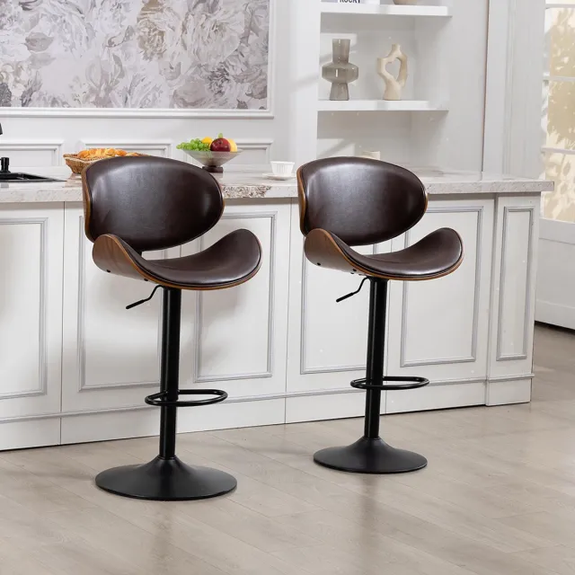 KOMHTOM BLACKCOLORS Draaibare barkrukken, set van 2, in hoogte verstelbare barkrukken van gebogen hout, barkrukken met PU-leren bekleding, ergonomische rugleuning en voetsteun, barkrukken voor bar, keukeneiland thuis Bruin