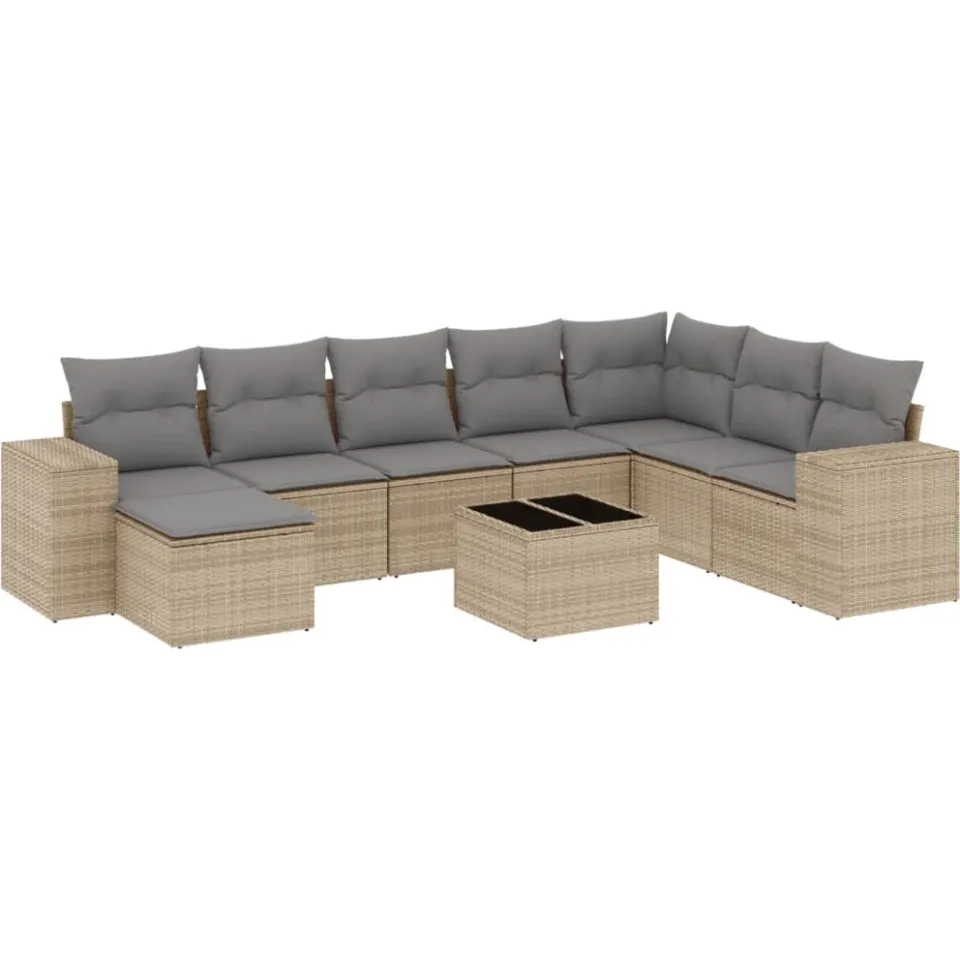 vidaXL 9-delige Loungeset met kussens poly rattan beige, foto 3