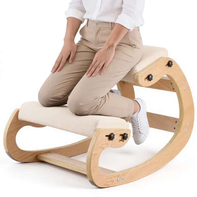 Vevor Ergonomische Knielstoel met Dikke, Geïntegreerde Schuimkussens en Massief Houten Frame, In Hoogte Verstelbare Knielstoel voor Nek- en Rugverlichting, Ideaal voor Thuis en Op Kantoor, Beige