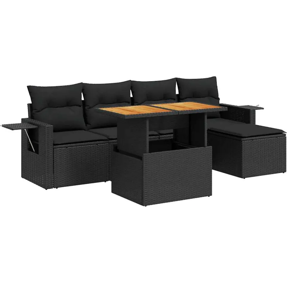 vidaXL 6-delige Loungeset met kussens poly rattan zwart, foto 3