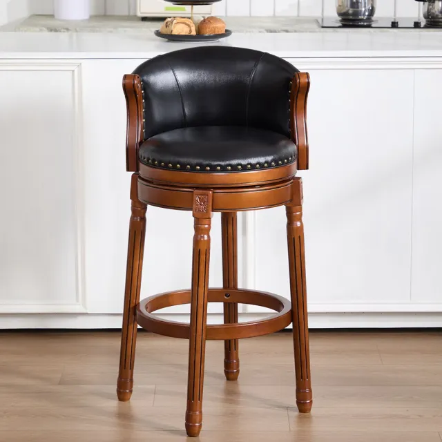 MEUNIQ barkruk met rugleuning en armleuningen, 360° draaibaar, leren zitting en houten frame, barhoogte, voor keuken, bar en woonkamer, zwart