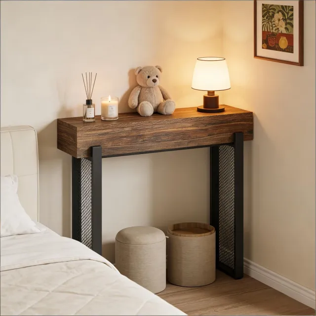 OKWISH Consoletafel – Met Verborgen Opbergruimte – Voor Hal En Achter Bank – Industrieel Design – Hout En Metaal Zwart Bruin Zwart, Rustiek Bruin