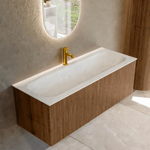 Mondiaz KURVE-DLUX 120 cm Onderkast Greeploos 1 Lade Zonder Deuren Walnut, Wastafel Solid Surface Volledig Opalo 1 Kraangat Zonder Spiegel (KRVBGL1201L0D1KM-Wal/Opa)