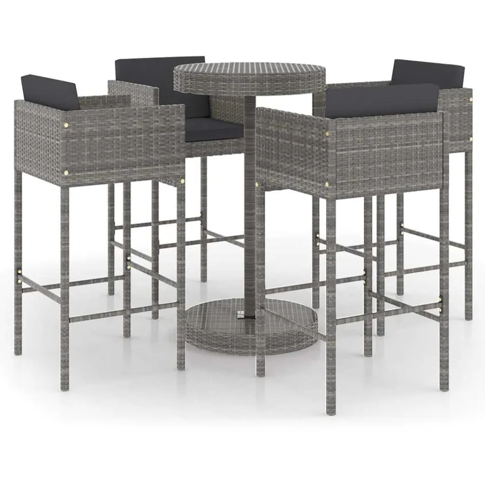 vidaXL 5-delige Tuinbarset met kussens poly rattan grijs, foto 3