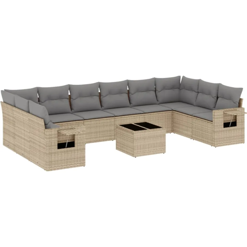 vidaXL 11-delige Tuinset met kussens poly rattan beige