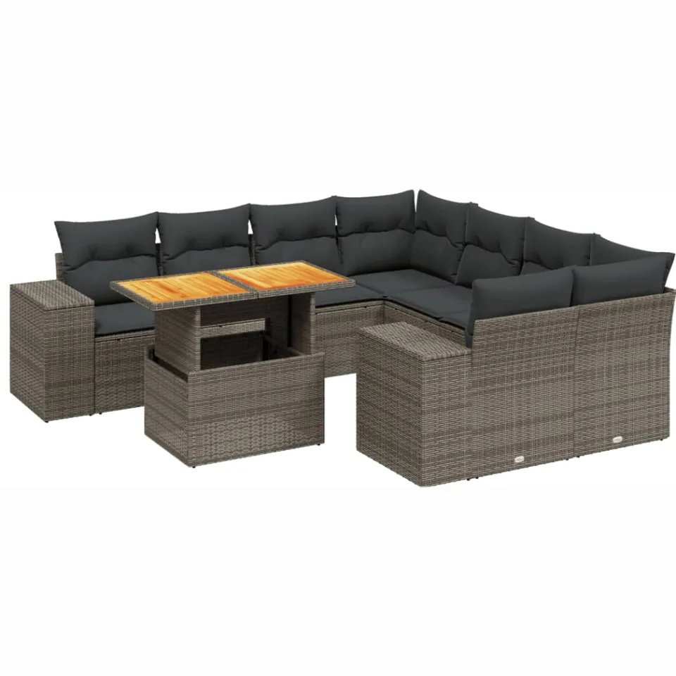 vidaXL 9-delige Loungeset met kussens poly rattan grijs, foto 3