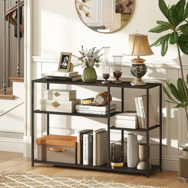 MEUNIQ Sidetable 110 x 30 x 75 cm met 4 planken, stalen frame en anti-kipontwerp, zwarte konsolentafel voor hal, woonkamer of slaapkamer
