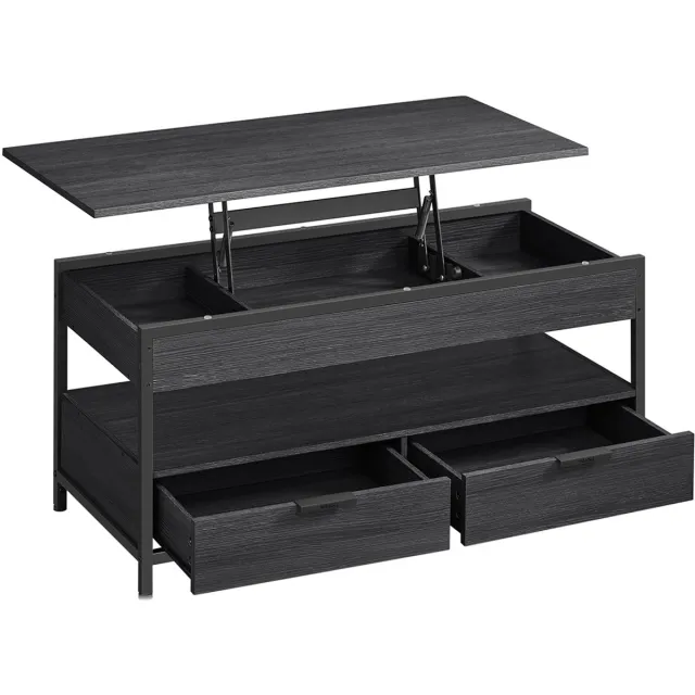 FurnStar Lift-Top Salontafel – In Hoogte Verstelbaar 48–63 cm – Met 2 Lades, Verborgen Opbergruimte & Open Vak – Industriële Stijl – Antraciet/Zwart