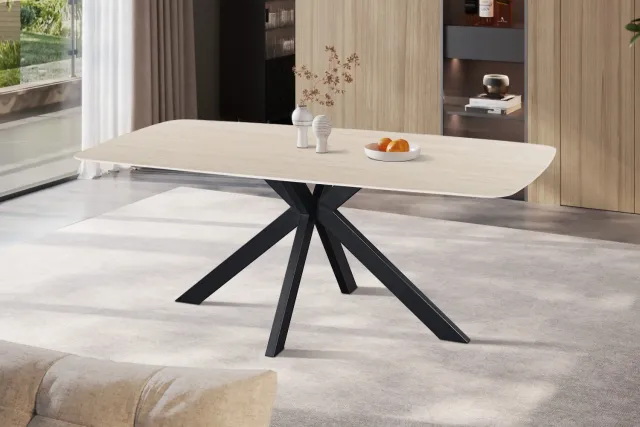 Rousseau Apollo Eettafel – 180 x 90 cm – Deens Ovaal – Mat Beige Stenen Blad met Travertinlook – Zwarte Matrixpoot