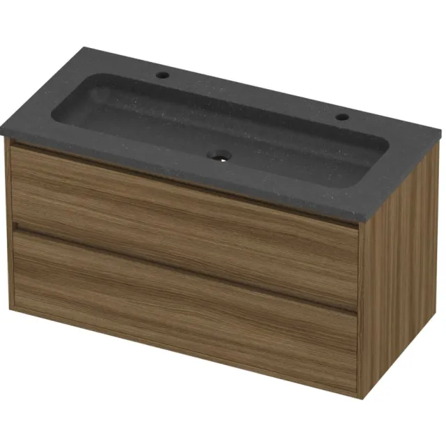 Proline Rollo Badmeubelset Hardsteen Elegant Greeploos 100x46x54 cm Blue Stone Caramel Walnut Houtlook