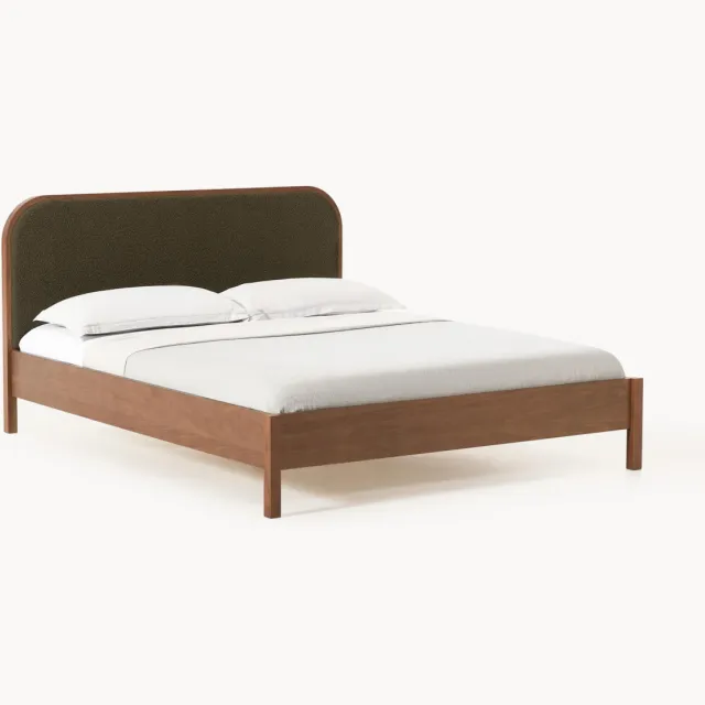 Westwing Collection Houten bed Jones met hoofdeinde van bouclé Groen
