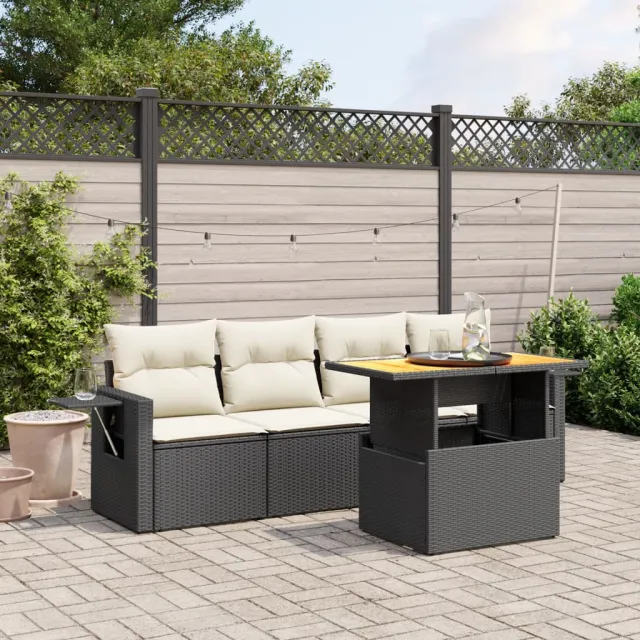 vidaXL 5-delige Loungeset met kussens poly rattan zwart, foto 2