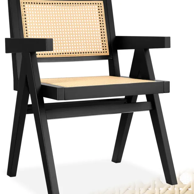 Tectake Houten Stoel Lizzy met Armleuning - Zwart - Eetkamerstoel met Weens Vlechtwerk - Boho-Stijl Stoel met Rugleuning - Massief Houten Frame - Belastbaarheid 120 kg