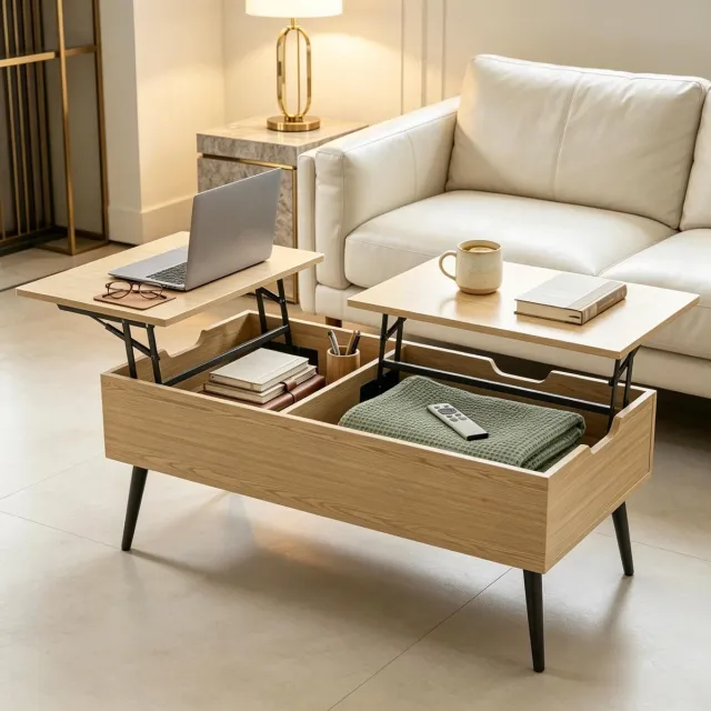 DESMIU Salontafel - Lift-Up Met Verborgen Opbergruimte En Zwarte Metalen Poten - Modern Voor Woonkamer En Kantoor - Spaanplaat En Metaal - Naturel En Zwart - 100x50x58 Cm