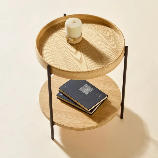 Wishdor Salontafel Met Twee Niveaus - Rond - Moderne Uitstraling - Massief Hout En MDF - Naturel Natuurlijk
