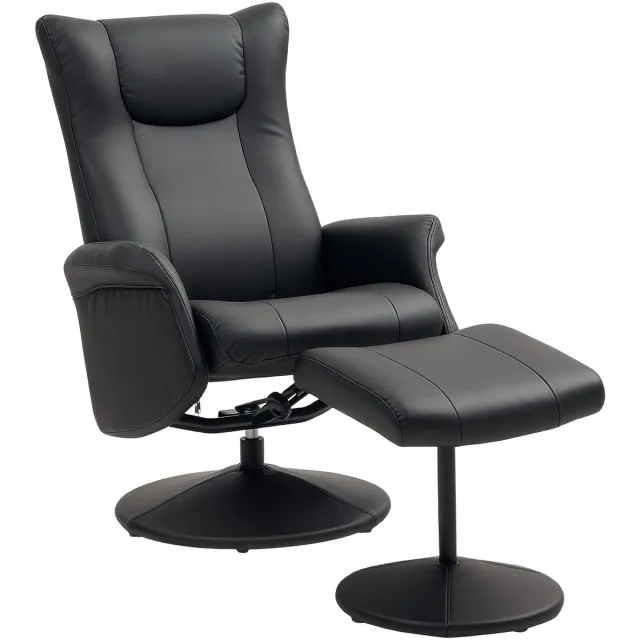 Merax Relaxfauteuil Zwart Kunstleer – Met Hocker en Verstelbare Rugleuning – 360° Draaibare TV-Stoel – Comfortabele Loungestoel voor Woonkamer tot 150 kg