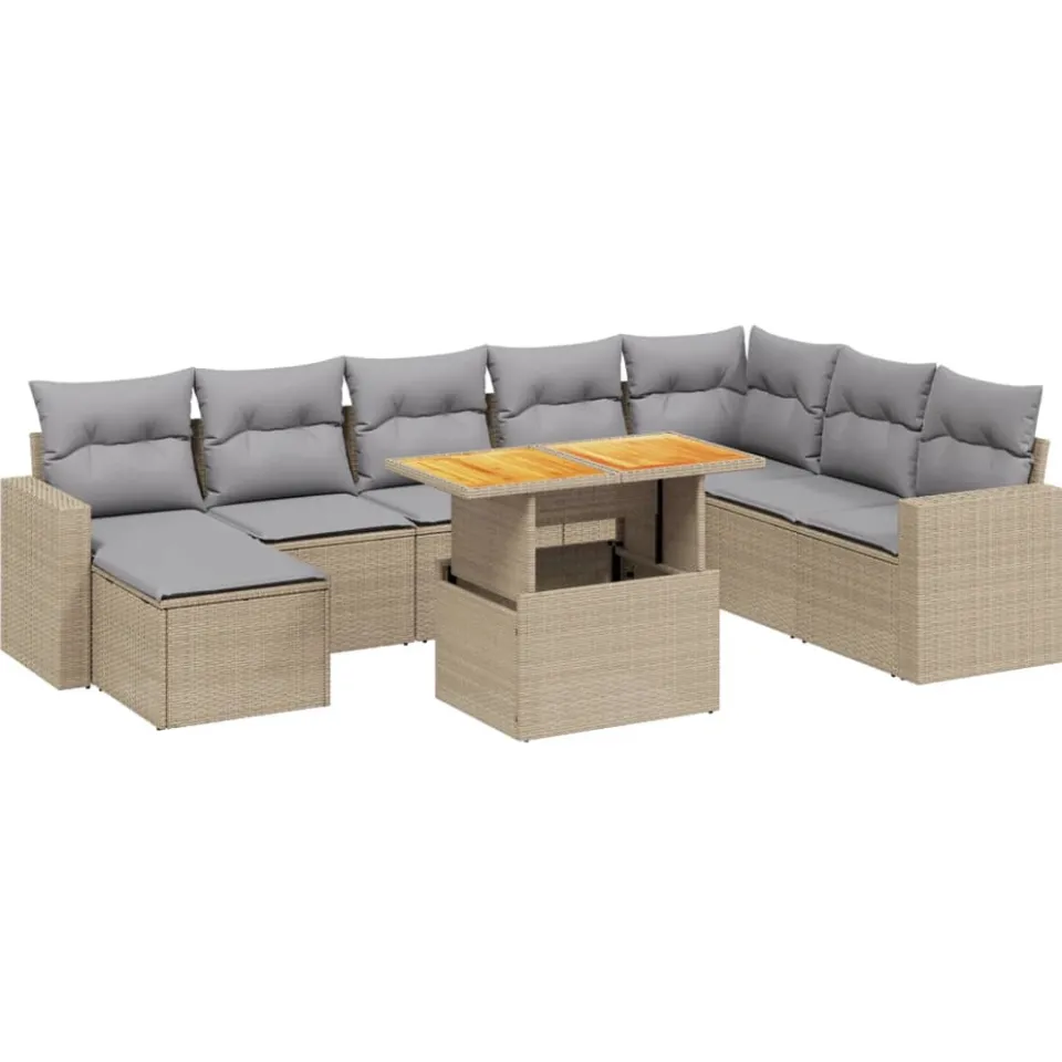 vidaXL 9-delige Loungeset met kussens poly rattan beige, foto 3