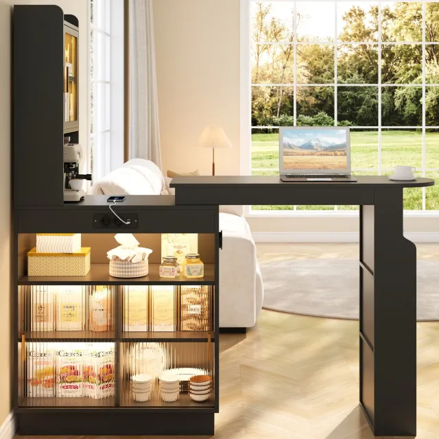 OKWISH Bartafel - Uitschuifbaar Met Opbergruimte En Ledverlichting - Voor Keuken En Kleine Ruimtes - MDF Zwart - 131 Tot 170 x 40 x 170 cm
