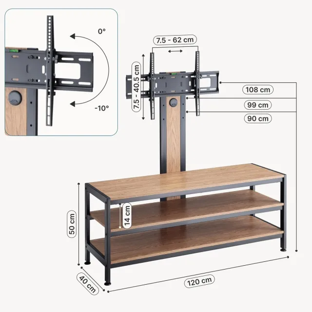 pro.tec TV-beugel Stockholm met TV meubel 120x40x90/99/108 cm zwart en eikenkleurig pro.tec