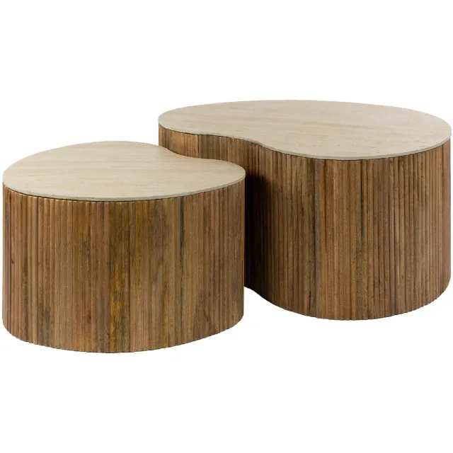 Nest of Nora Salontafel set Sora - Set van 2 Niervormig - Travertin - Massief mangohout lichtbruin