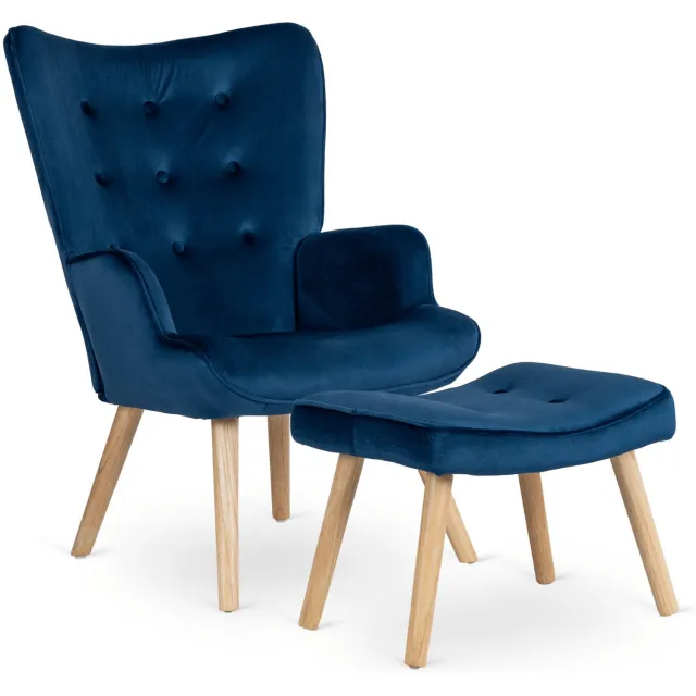 Mebel Elite Lozano - Fauteuil met voetenbank - Donkerblauw - Fluweel - Houten poten