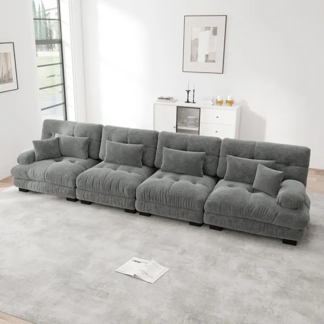 DESMIU Hoekbank 406 x 77 x 81 cm - Modulaire 4-Zits Met Diepe Zitting En Chenille Bekleding - Voor Woonkamer En Kantoor - Grijs
