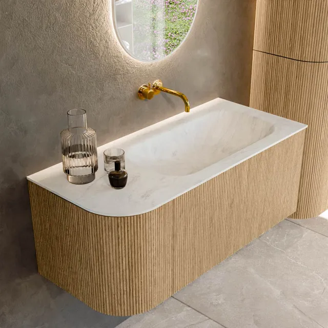 Mondiaz KURVE-DLUX 105 cm Onderkast Greeploos 1 Lade Met Deuren Oak, Wastafel Solid Surface Rechts Opalo 0 Kraangaten Zonder Spiegel (KRVBGS105L1L1D0KR-Oak/Opa)