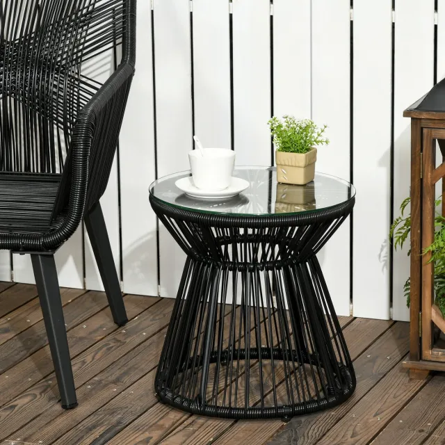 MEUNIQ ronde bijzettafel tuin 40 x 40 x 42 cm met 5 mm gehard glazen tafelblad, PE-rattan en metalen frame, zwarte tuintafel voor balkon en terras