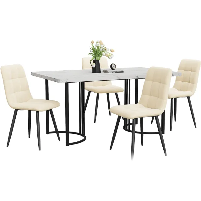 Merax Eetkamer set - 5-delig - 1 eettafel en 4 stoelen - moderne eettafelset - zwarte tafelpoten en wit tafelblad - beige eetkamerstoelen
