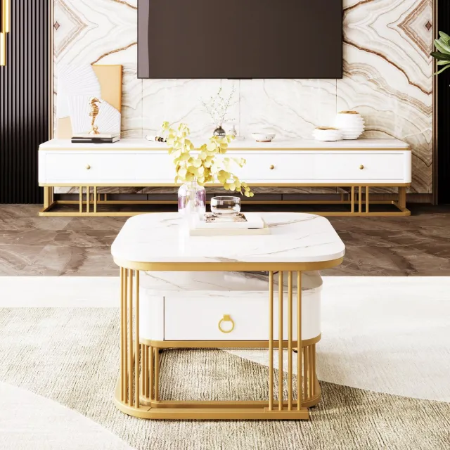 HAUSS SPOLE Salontafel - Set Van 2 Met Lade En Hoogglans Marmerlook - Voor Woonkamer En Flexibel Gebruik - MDF - 60x60x45 Cm - Wit Goud