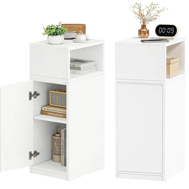 Famanu Set van 2 smalle nachtkastjes, open opbergvak met deurtje, hoogteverstelbare planken, 65x25x30 cm, moderne kastjes voor slaapkamer en woonkamer Wit