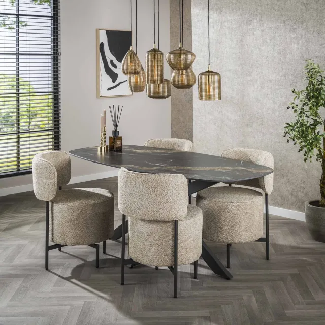 Dimehouse Eettafel Dolore 180x90 cm Deens Ovaal Marmerlook Zwart - Keramiek - Modern - Deens ovaal