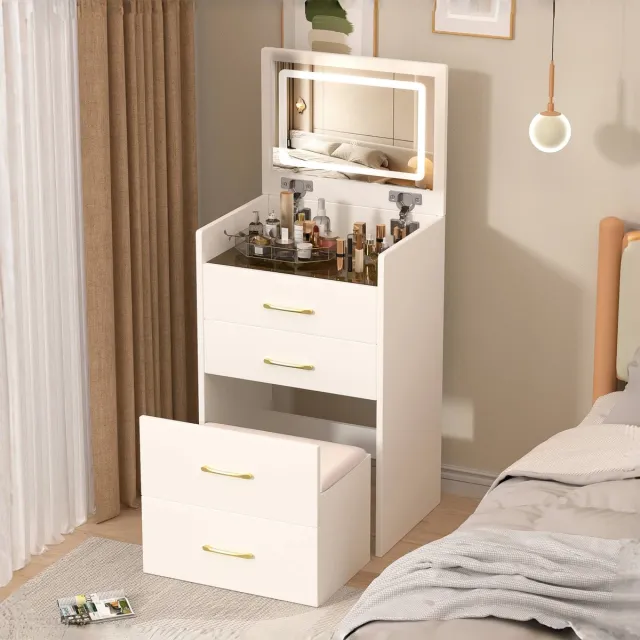 MODFU Kaptafel - Opklapbare Spiegel En Opbergruimte - Compact - Voor Slaapkamer - MDF - Wit