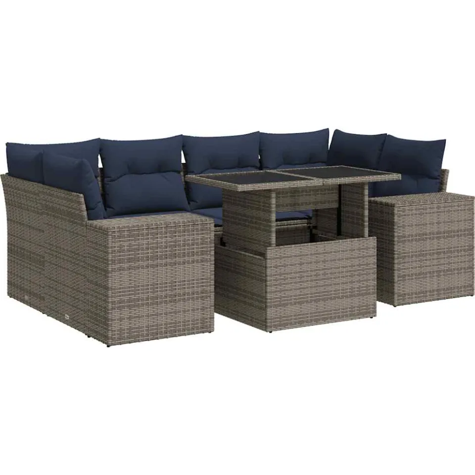 vidaXL 7-delige Loungeset met kussens poly rattan acacia grijs, foto 3