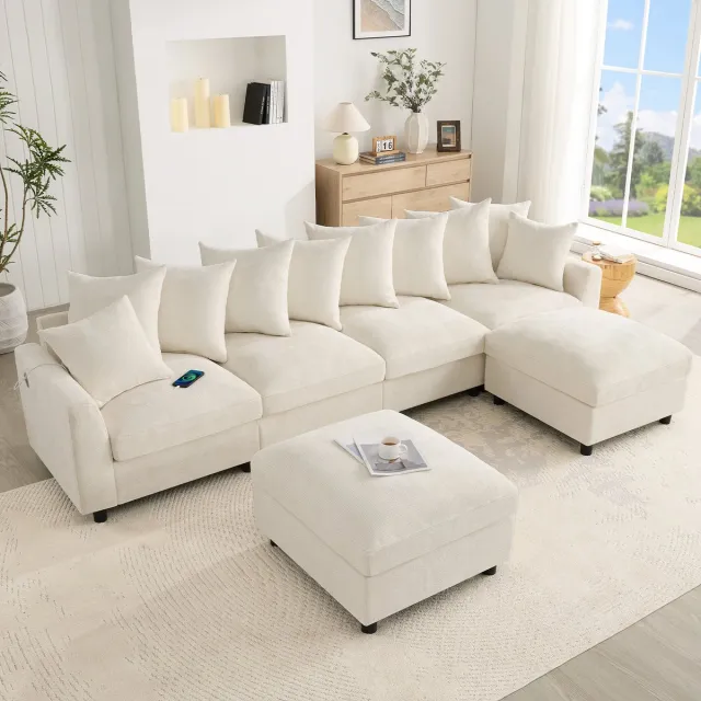 OKWISH U Bank 283 Cm Modulaire Hoekbank Met Usb En Type C Oplaadpunt Voor Woonkamer 6 Zits Chenille Beige