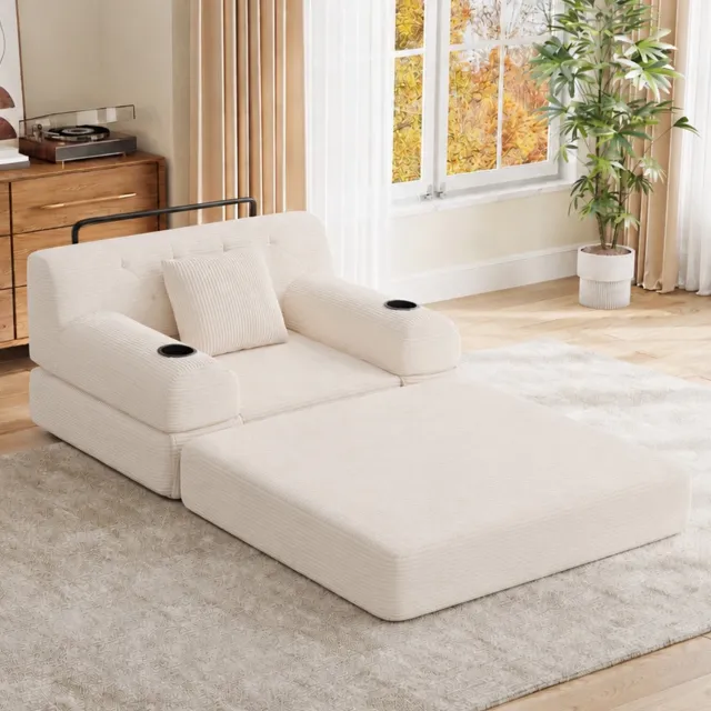 FloraGrace Slaapbank 1-Zits 107 x 80 x 81 cm - Uitklapbaar met Hoge Rugleuning en Bekerhouders - voor Kleine Woonruimtes - Cord - Beige