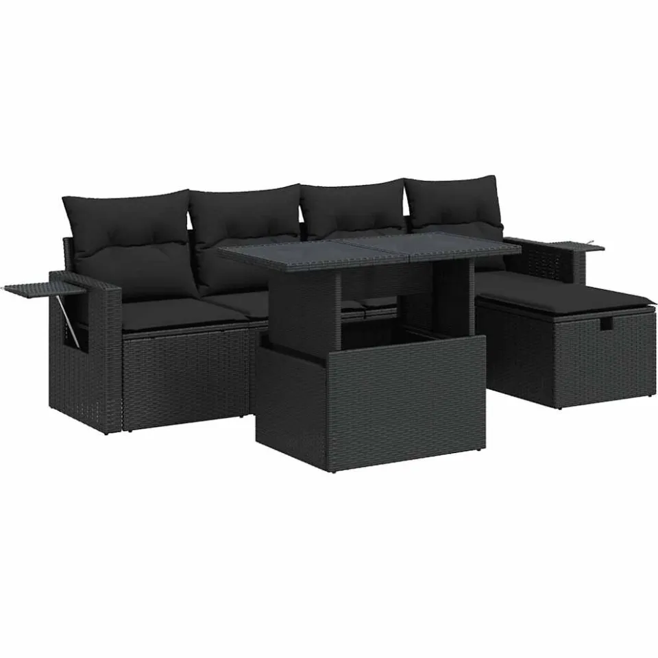 vidaXL 6-delige Loungeset met kussens poly rattan zwart, foto 3