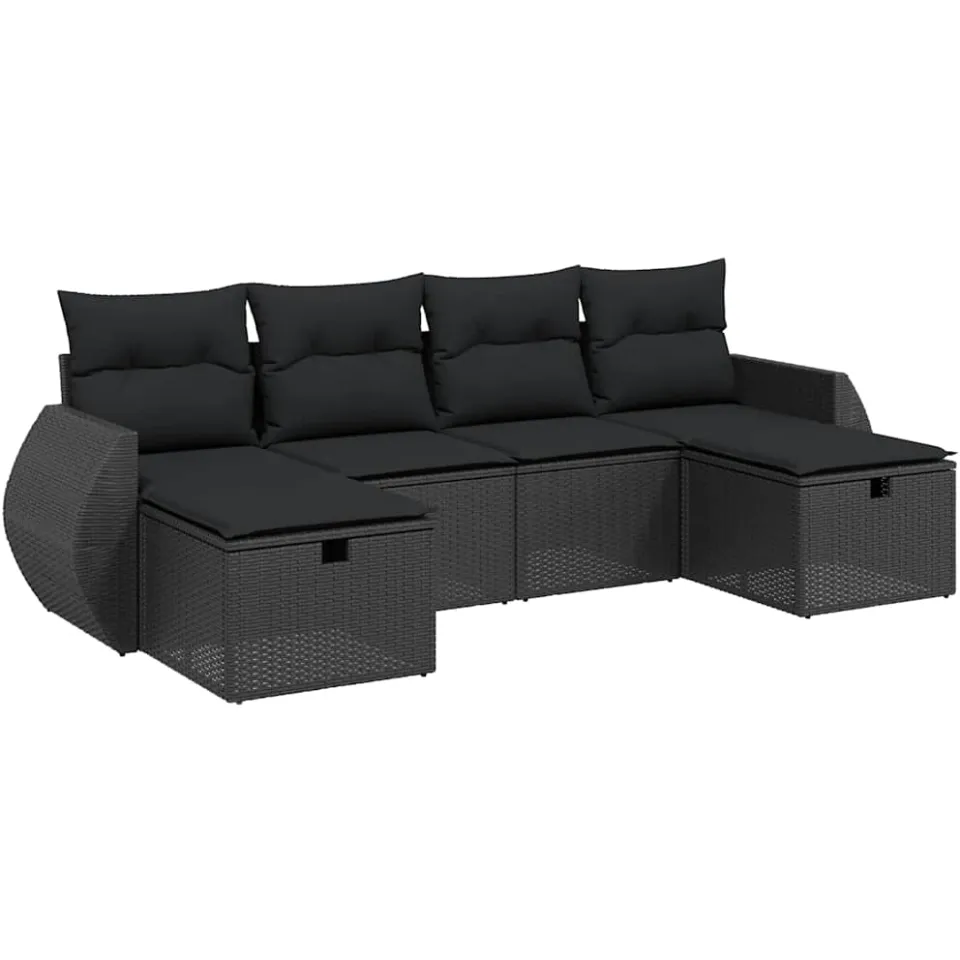 vidaXL 6-delige Loungeset met kussens poly rattan zwart, foto 3