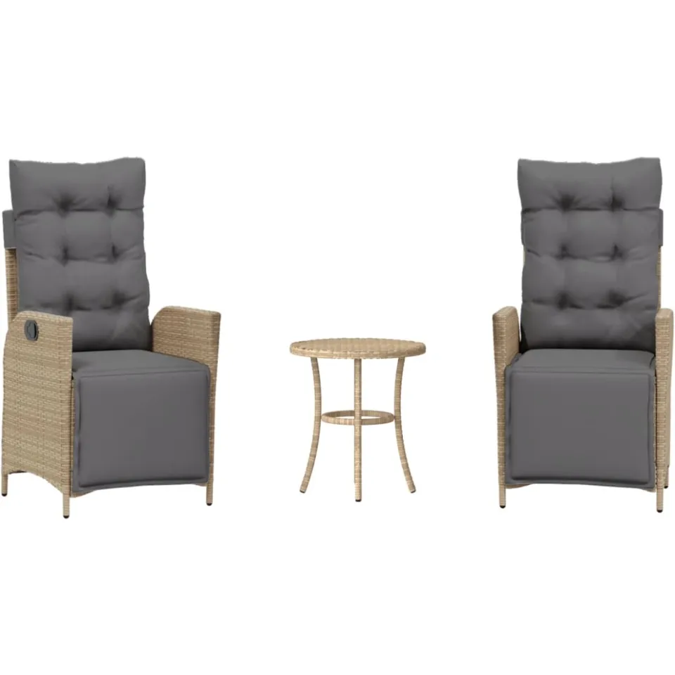 vidaXL 3-delige Bistroset met kussens poly rattan gemengd beige