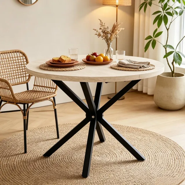 MIVRAY Eettafel - Ronde Tafel Met Houtlook Blad - Voor Maaltijden En Samenkomsten - Hout En Metaal - 100 x 100 x 76,5 Cm - Zwart En Houtkleur