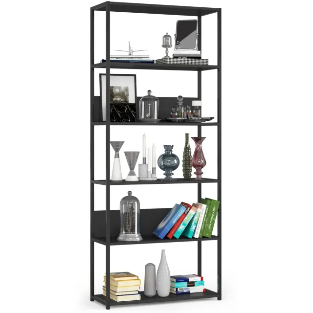 Akord Open Boekenkast, Ladderkast, Industrieel Design / Vakkenkast met 6 Planken / Opbergplank / Boekenrek Opslagrek / Zwart / 80 x 192 x 32 cm