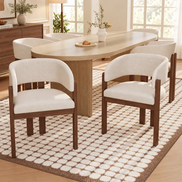 FloraGrace Eetkamerstoel 60 x 51 x 80 Cm - Set Van 4 Met Armleuningen - Bouclé Bekleding - Voor Eetkamer, Woonkamer En Café - Hout - Walnootkleur Beige