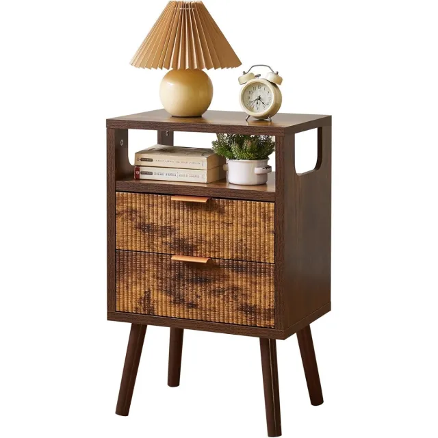 Famanu Nachtkastje van hout, met 2 opberglades, massief houten poten, bijzettafel voor woonkamer, slaapkamer, 40x29x63 cm, rustiek bruin rood