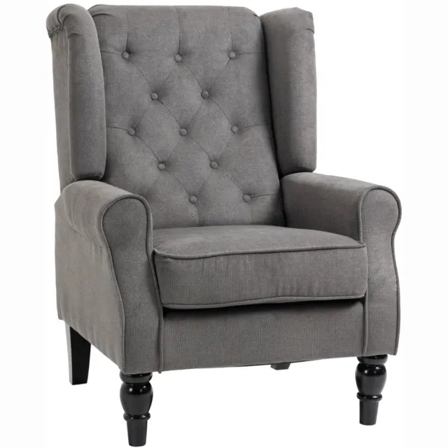 ZYLARO Fauteuil - Vintage Design Vleugelstoel - Leesstoel en Accentstoel - Houten Poten - Knoopsteek - Grijs + Zwart Donkergrijs