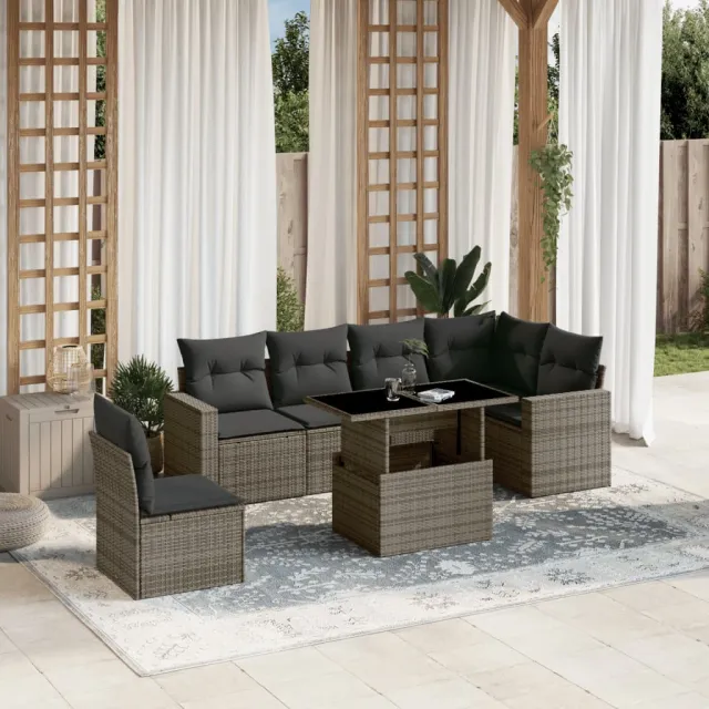 vidaXL 7-delige Loungeset met kussens poly rattan grijs, foto 2
